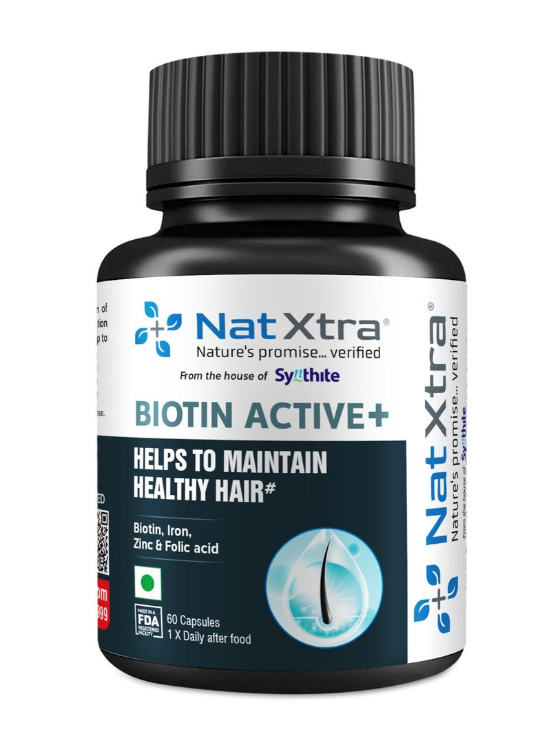Natxtra Biotin Active+ Hair Growth Capsules Natxtra | Reduces Hair Fall & Thinning | Biotin, Folic Acid & Iron | 60 Capsules - Image 1
