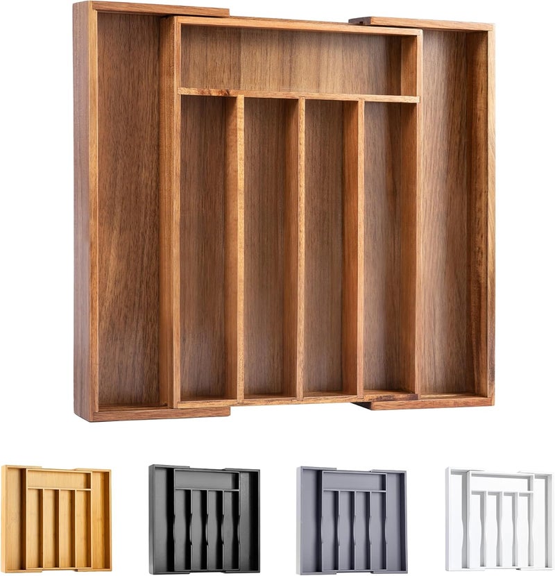 Bellsal Acacia Silverware Organizer Kitchen Drawer Organizer Expandable Bamboo Utensil Holder Cutlery Tray for Kitchen Utensil and Flatware Bedroom Office - Image 1