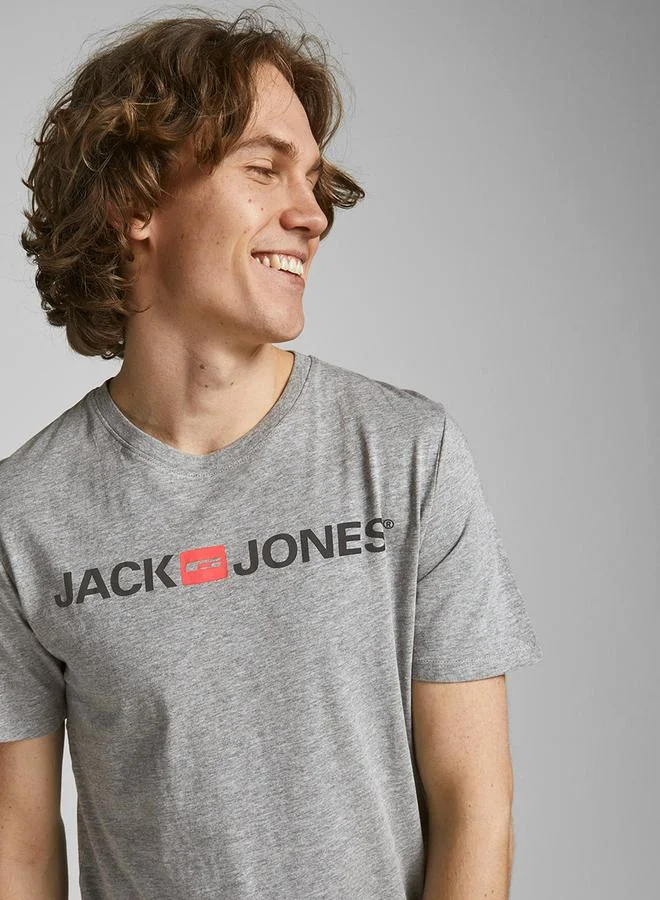 جاك اند جونز Logo Print Crew Neck Regular Fit T-shirt
