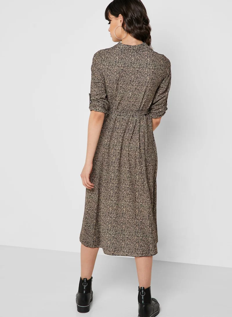 Ginger Leopard Print Self Tie Shirt Midi Dress