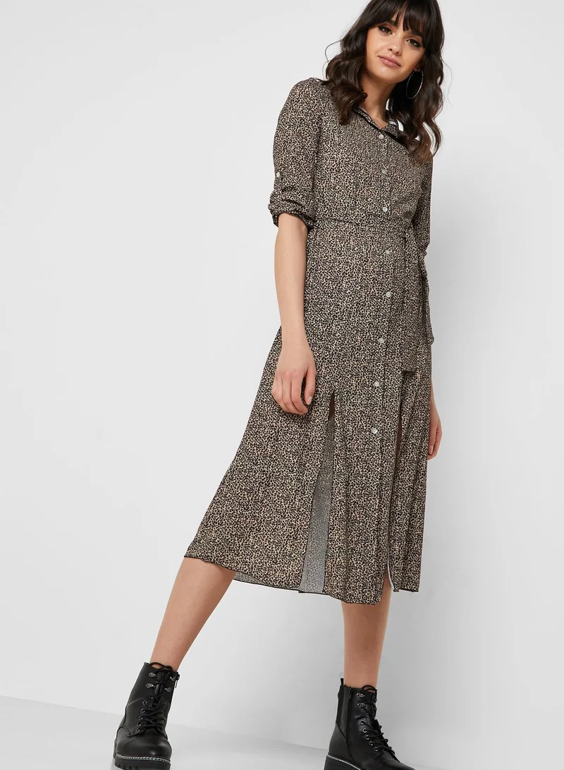 Ginger Leopard Print Self Tie Shirt Midi Dress