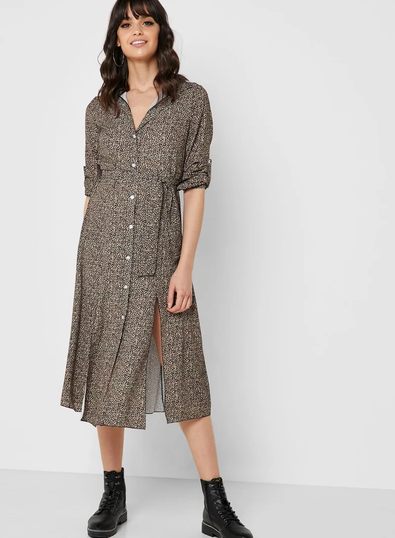 Ginger Leopard Print Self Tie Shirt Midi Dress