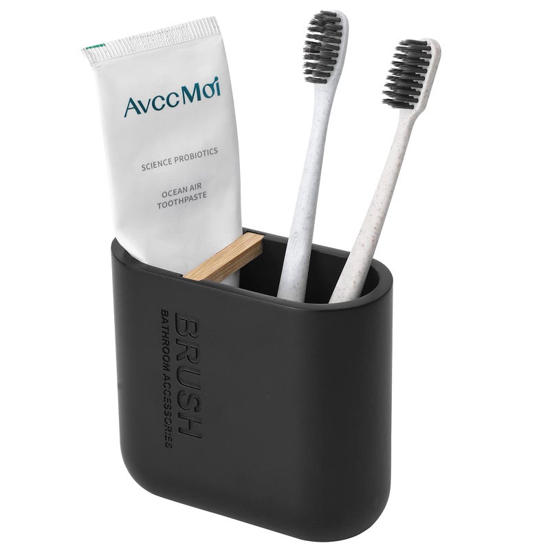 rejomiik Toothbrush Holders Resin Bamboo Tooth Brushing Holder for Bathroom Countertop Tooth Brush Storage Organizer Stand for Holds Toiletries and Beauty Accessories Toothpaste Razor Matte Black
