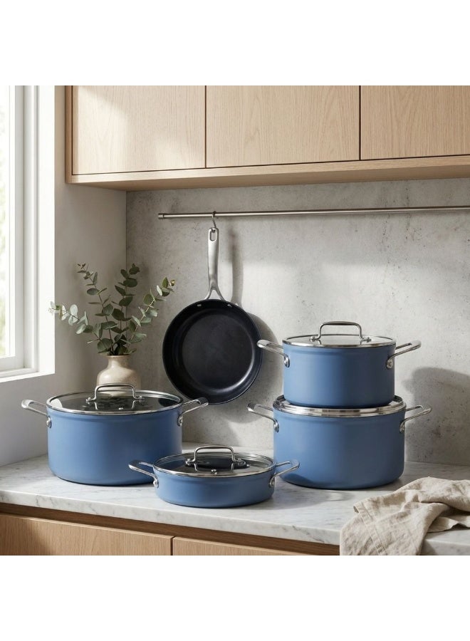 Chef's Delight Crystal 9-Piece Blue Cookware Set, Forged Aluminium Pots Frypan Lids And Shallow Pot For Home Cooking - Image 1