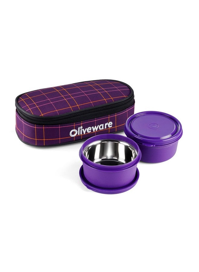 SOPL-OLIVEWARE علبة غداء أوليف وير دينيز، 2 حاويات داخلية من الفولاذ (450 مل لكل منهما)، مانعة للتسرب وآمنة للاستخدام في الميكروويف، حقيبة قماش معزولة، وجبة كاملة وسهلة الحمل (بنفسجي) - Image 1