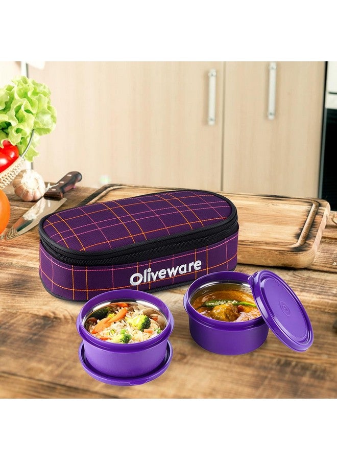SOPL-OLIVEWARE علبة غداء أوليف وير دينيز، 2 حاويات داخلية من الفولاذ (450 مل لكل منهما)، مانعة للتسرب وآمنة للاستخدام في الميكروويف، حقيبة قماش معزولة، وجبة كاملة وسهلة الحمل (بنفسجي) - Image 5