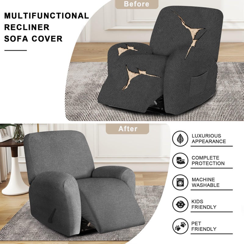 maycelon Recliner Chair Covers 4 Piece Stretch Couch Covers Recliner Slipcovers Couch Furniture Protector with Stripe Jacquard Sofa Cover Washable for Pets (Dark Grey) - Image 5