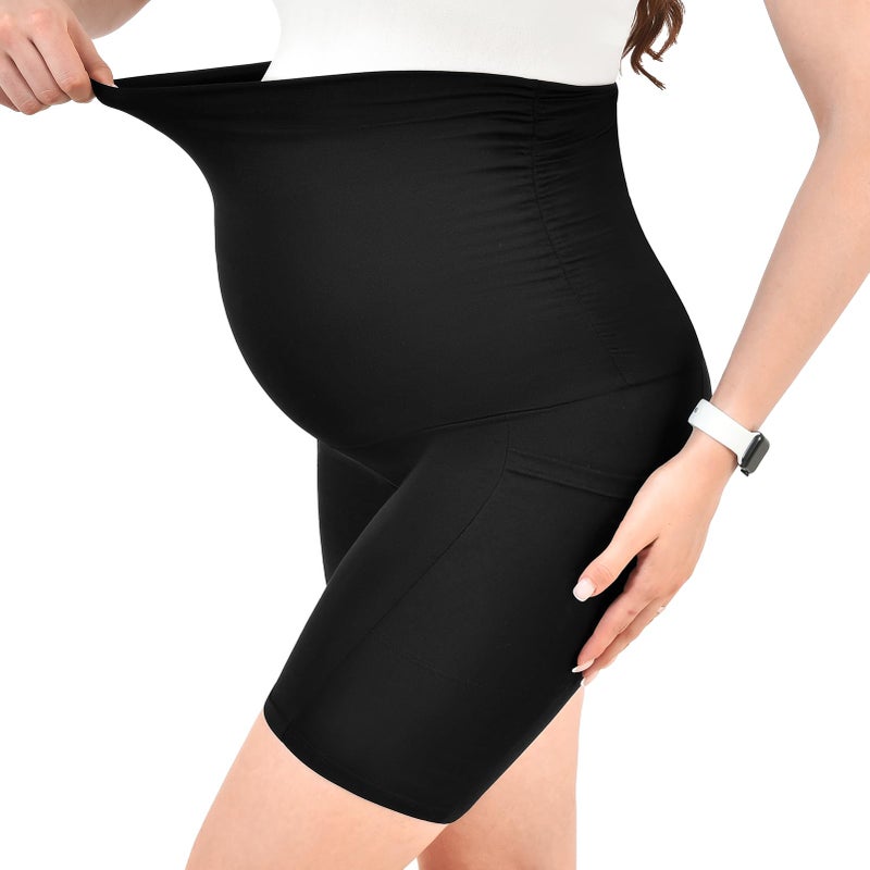 Walifrey Women's Maternity Shorts with Pockets Over The Belly,Pregnancy Yoga Pants Activewear Biker Shorts Casual Black M - Image 3