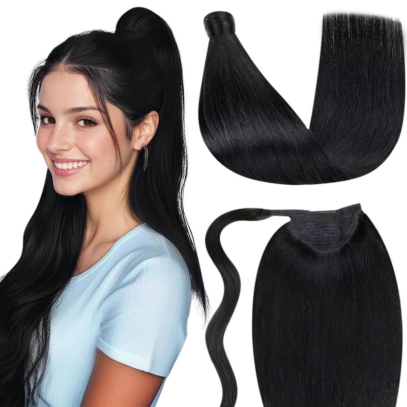 LaaVoo Ponytail Extension Human Hair Black Ponytail Extensions for Black Women Wrap Around Ponytail Hair Extensions Real Human Hair Long Straight 20 Inch 80g