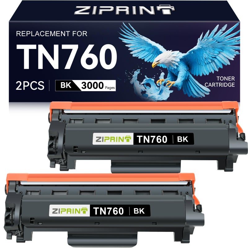 ZIPRINT TN760 Toner Cartridges Compatible Replacement for Brother TN760 TN730 TN-730 High Yield for MFC-L2710DW MFC-L2750DW DCP-L2550DW HL-L2350DW HL-L2395DW HL-L2370DW (Black, 2 Pack) - Image 1