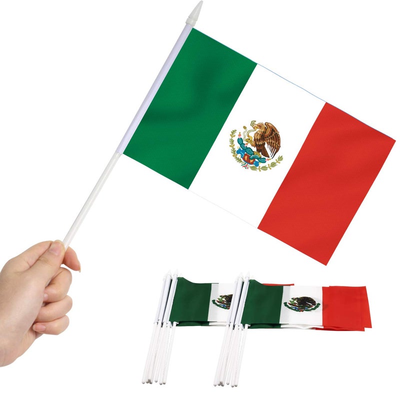 Anley Mexico Mini Flag 12 Pack Hand Held Small Miniature Mexican Flags on Stick Fade Resistant Vivid Colors 5x8 Inch with Solid Pole Spear Top - Image 2