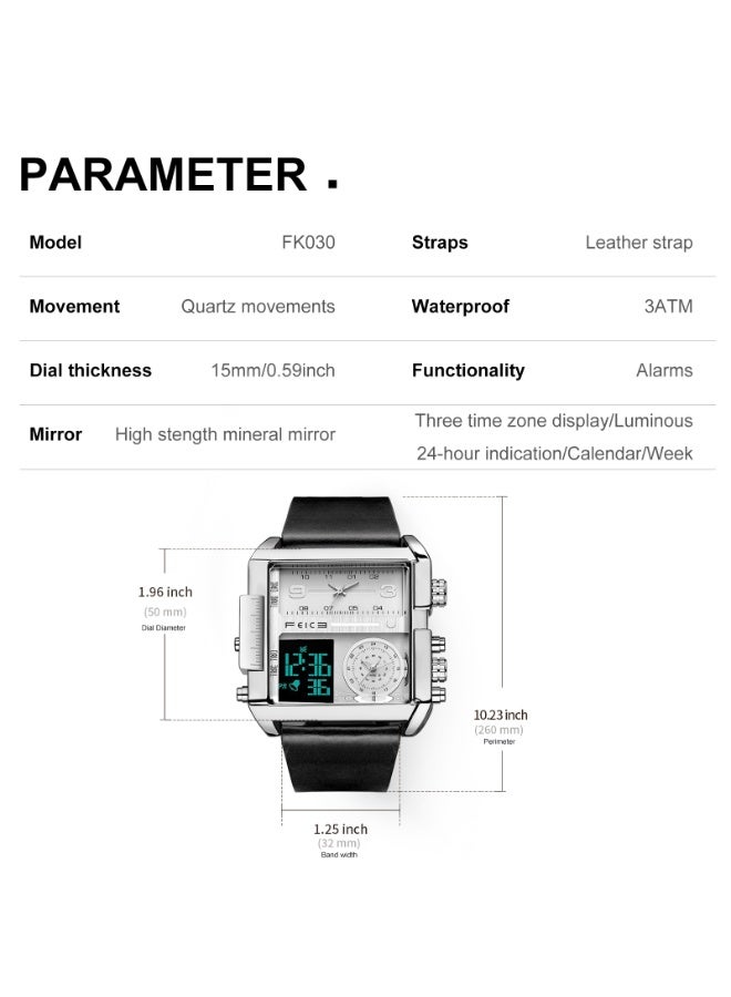FEICE Men’s Quartz Dual Time Chronograph Leather Waterproof Watch - Image 2