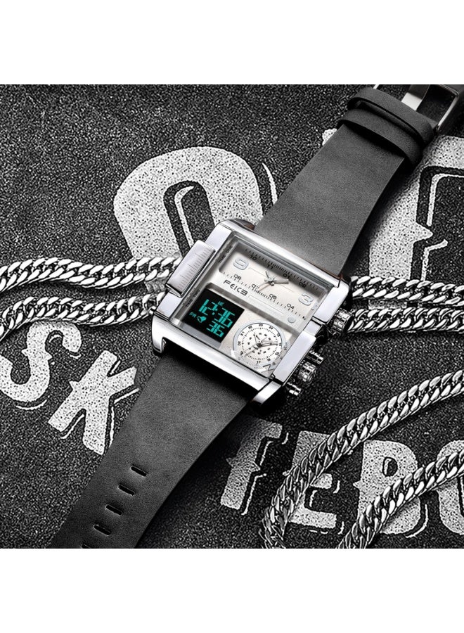 FEICE Men’s Quartz Dual Time Chronograph Leather Waterproof Watch - Image 4