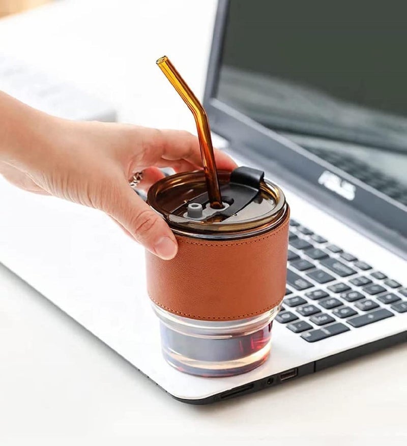 OUPSTRIVE Glass Tumbler with Lid and Straw with Stylish Band on Tumbler Coffee Mug Travel Mug Smoothies Milk Thick Shake Mug Juice Mug Multicolour Design 1 Pack of 1 - Image 5