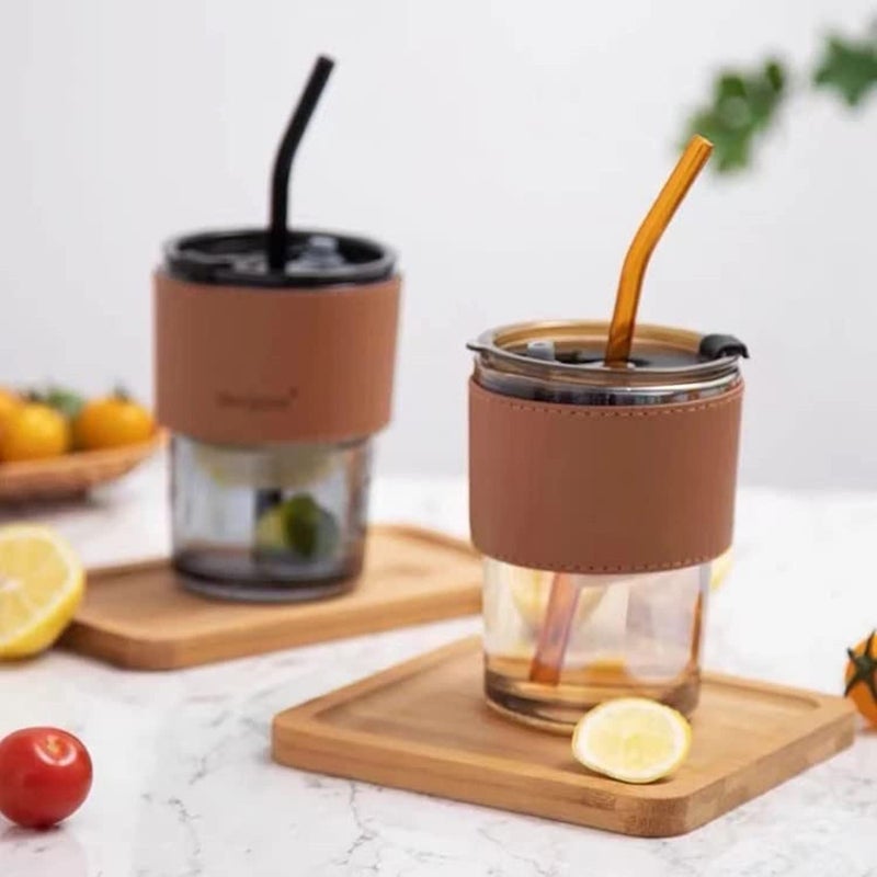 OUPSTRIVE Glass Tumbler with Lid and Straw with Stylish Band on Tumbler Coffee Mug Travel Mug Smoothies Milk Thick Shake Mug Juice Mug Multicolour Design 1 Pack of 1 - Image 3