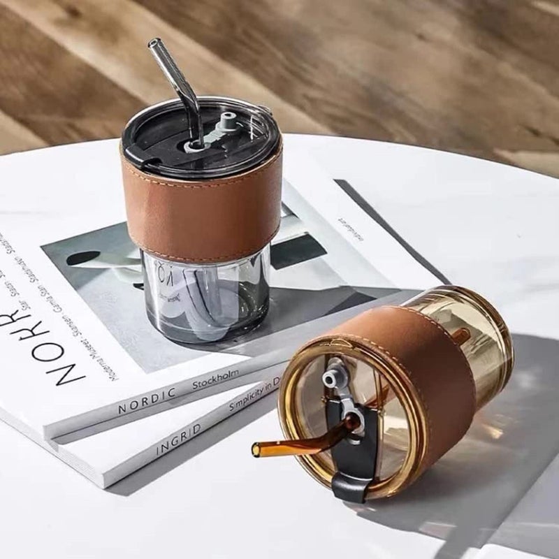 OUPSTRIVE Glass Tumbler with Lid and Straw with Stylish Band on Tumbler Coffee Mug Travel Mug Smoothies Milk Thick Shake Mug Juice Mug Multicolour Design 1 Pack of 1 - Image 2