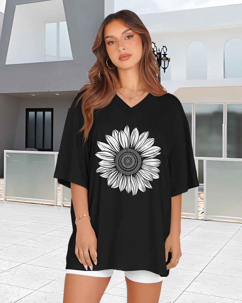 rosemia Oversized Tshirts for Women V Neck Short Sleeve Summer Casual Basic Loose Tops, Black White Sunflower, 2XL - Image 5