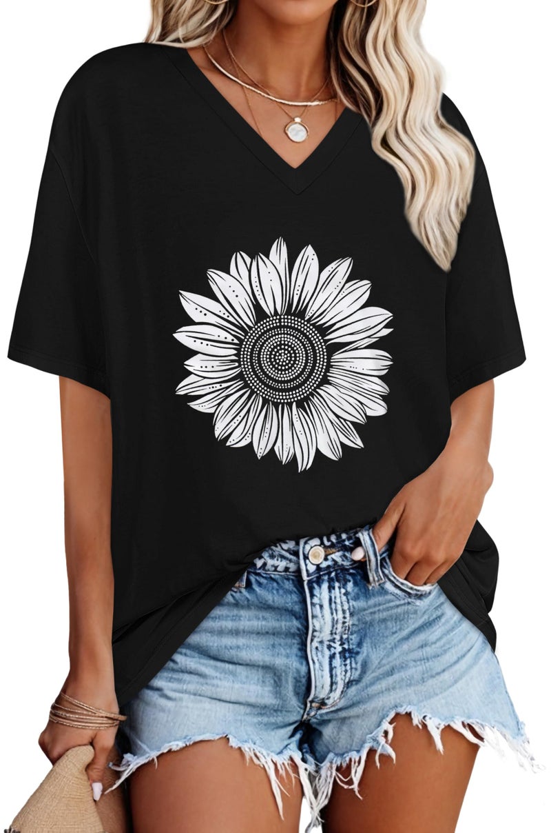 rosemia Oversized Tshirts for Women V Neck Short Sleeve Summer Casual Basic Loose Tops, Black White Sunflower, 2XL - Image 1