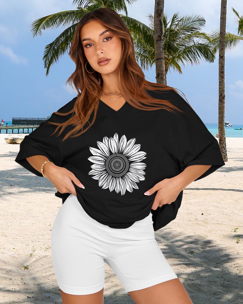 rosemia Oversized Tshirts for Women V Neck Short Sleeve Summer Casual Basic Loose Tops, Black White Sunflower, 2XL - Image 2