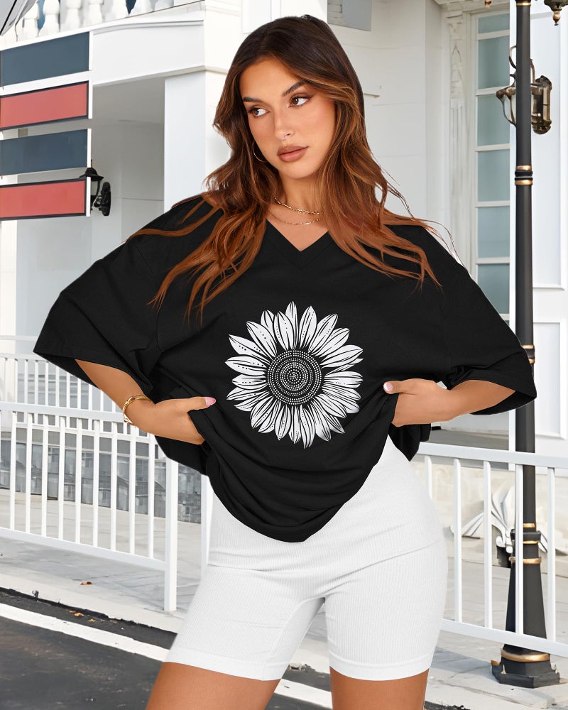 rosemia Oversized Tshirts for Women V Neck Short Sleeve Summer Casual Basic Loose Tops, Black White Sunflower, 2XL - Image 4