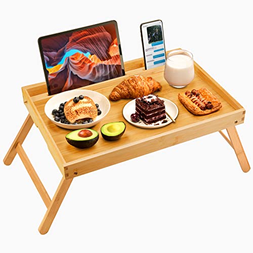 Pipishell Bamboo Bed Tray Table, Large Breakfast Tray - 21.7x14 Inch with Folding Legs, Multipurpose Serving Tray Use As Portable Laptop Snack Table, for Working, Eating, Reading by Pipishell - Image 1