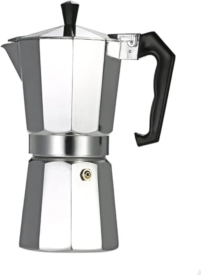 Spaceshoop Aluminum Moka pot, 3 cup capacity, for use on gas stove or electric oven, silver
