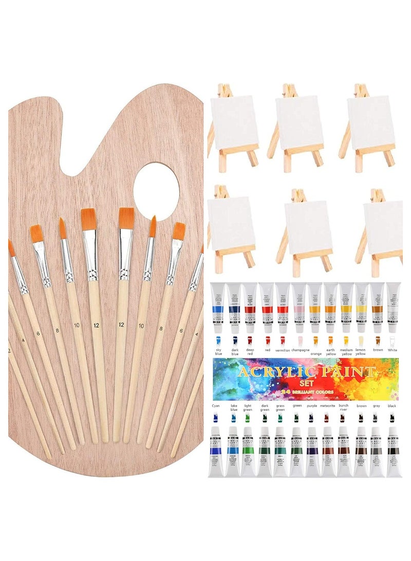 Set of 42 pcs painting kit with 6 mini painting canvas 12 brushes and 24 paints ideals for kids summer activity