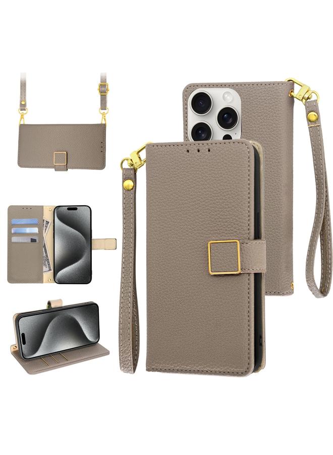 اس-توب جراب هاتف iPhone 15 Pro Crossbody من الجلد بمشبك مربع من نسيج الليتشي - Image 1