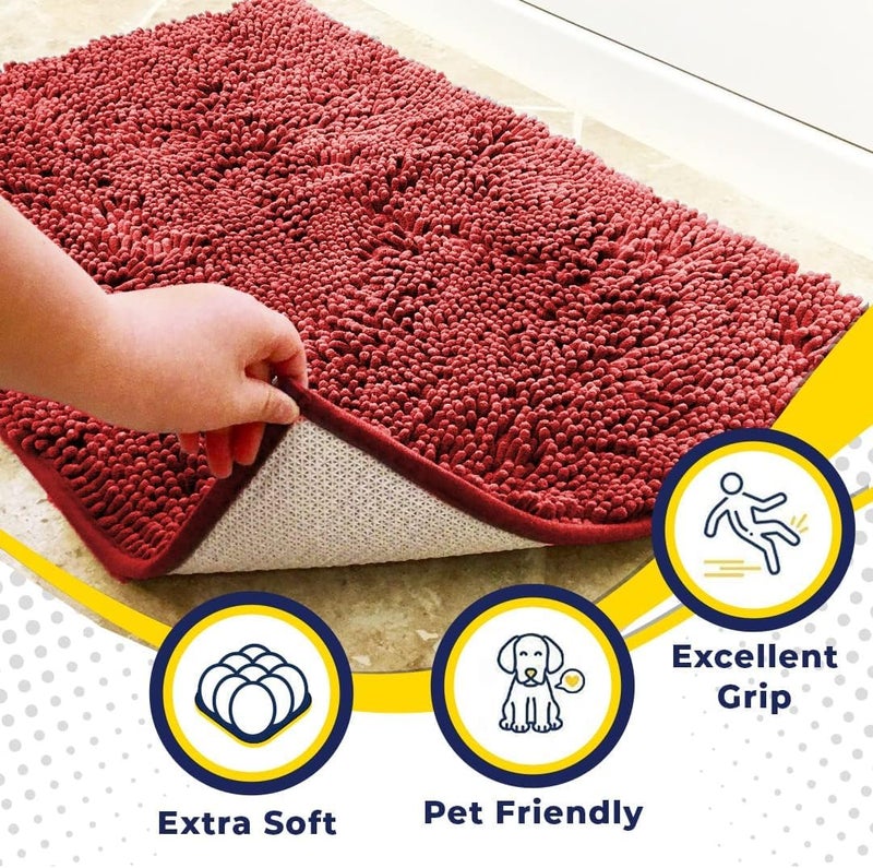 Muddy Mat 4-Piece Red Medium 30""X19"" As-Seen-On-Tv Highly Absorbent Microfiber Door Mat  Bath Mat And Pet Rug  Non Slip Thick Washable  Soft Chenille For Kitchen Bathroom Bedroom Indoor And Outdoor - Image 2