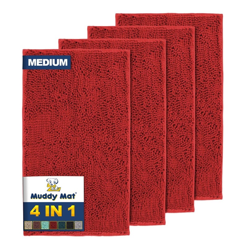 Muddy Mat 4-Piece Red Medium 30""X19"" As-Seen-On-Tv Highly Absorbent Microfiber Door Mat  Bath Mat And Pet Rug  Non Slip Thick Washable  Soft Chenille For Kitchen Bathroom Bedroom Indoor And Outdoor - Image 1