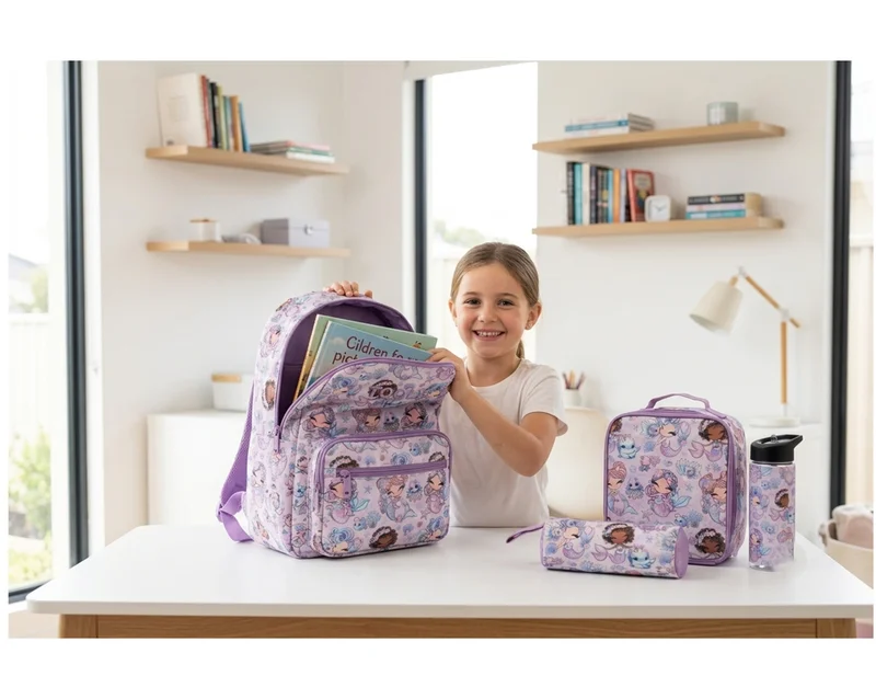 TOOLY 4-Piece School Backpack Set – Mermaid Design | 44 cm Backpack with Insulated Lunch Bag, Pencil Case & 500ml Water Bottle | Lightweight & Durable Back-to-School Set