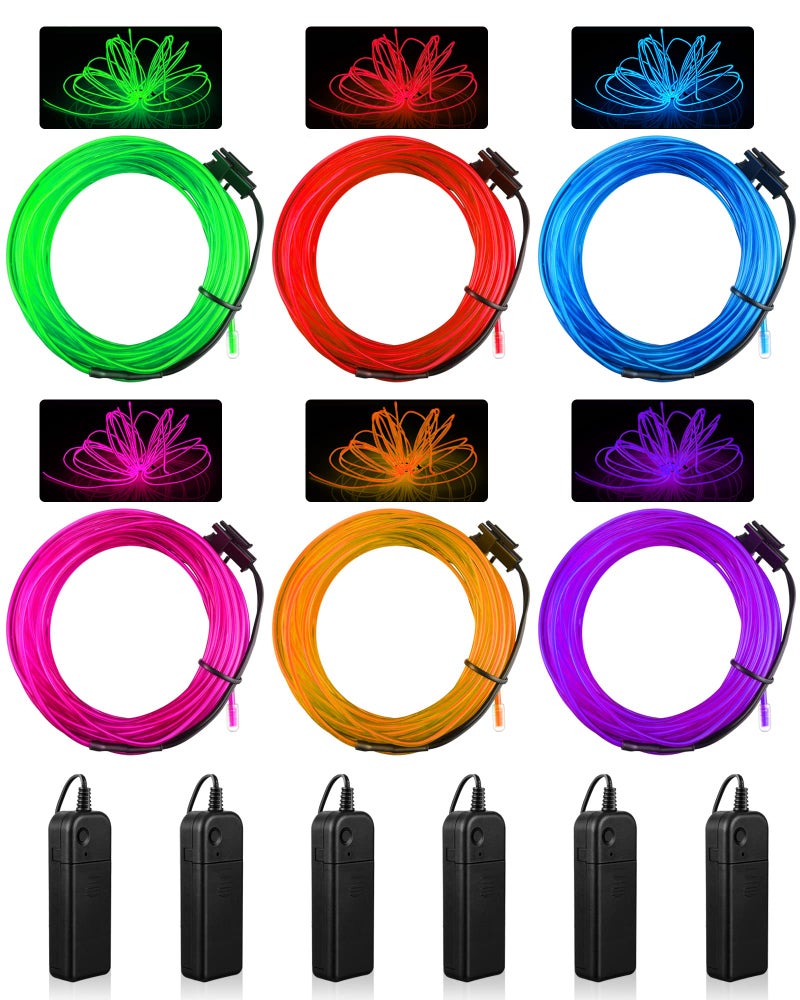 كونوهان 6 قطع أضواء LED محمولة قابلة للارتداء سلك نيون يعمل بالبطارية لتزيين الأزياء لعيد الهالوين وعيد الميلاد باللون الأحمر والوردي والأزرق والأخضر والبنفسجي والأصفر 984 قدم