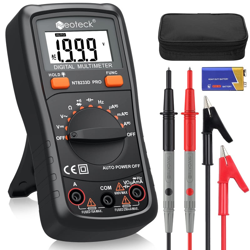Neoteck Auto Ranging Digital Multimeter, AC/DC Amp Ohm Voltage Tester Meter with Resistance Continuity Capacitance and Diode Test- Black