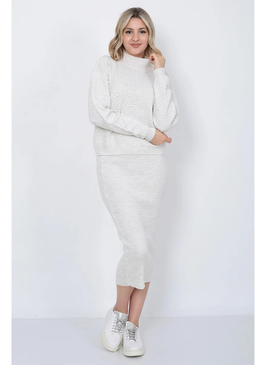 Lugmo Women's Knitwear Zigzag Striped Sweater and Skirt Set Oversize Stone