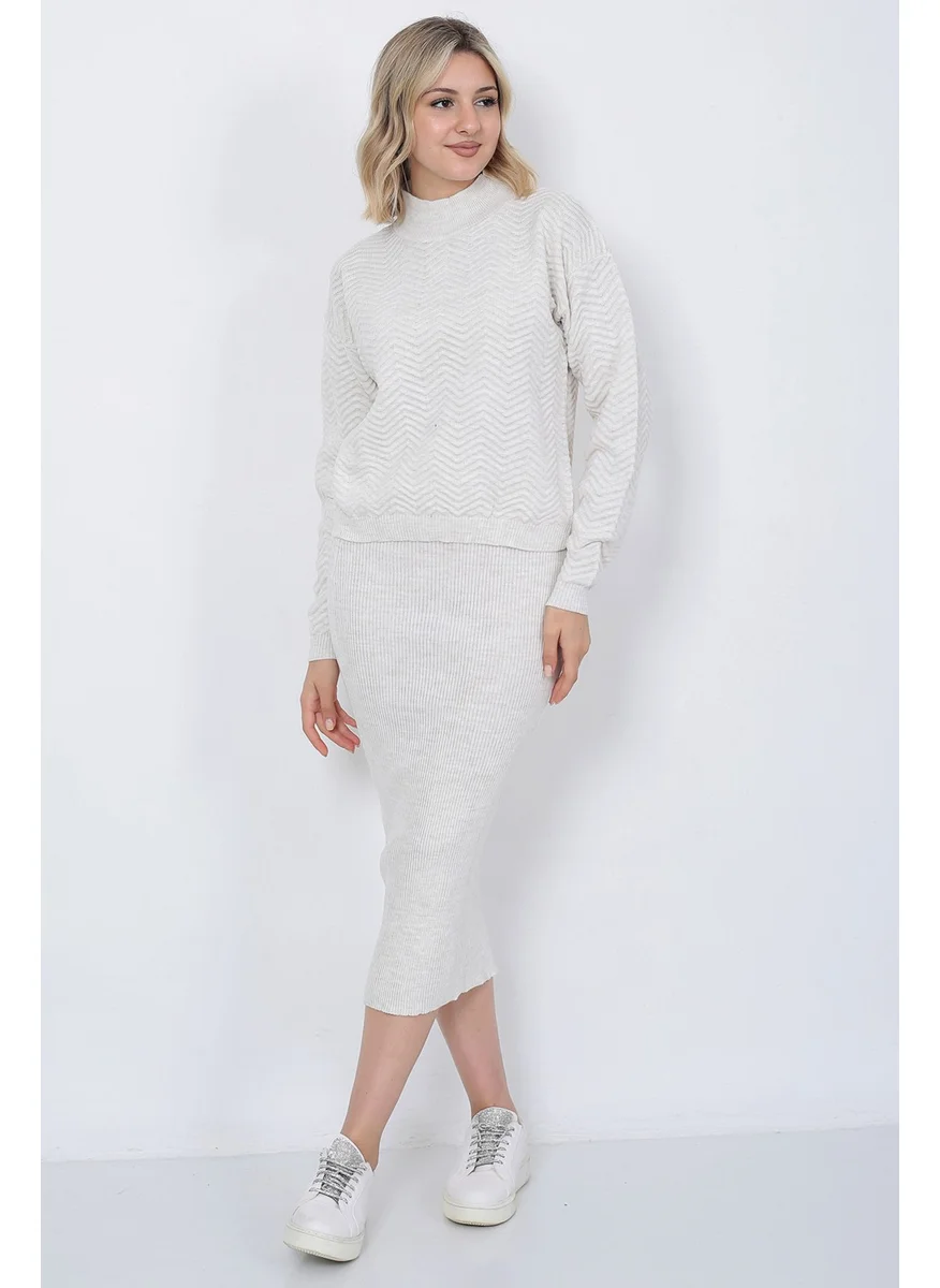 Lugmo Women's Knitwear Zigzag Striped Sweater and Skirt Set Oversize Stone