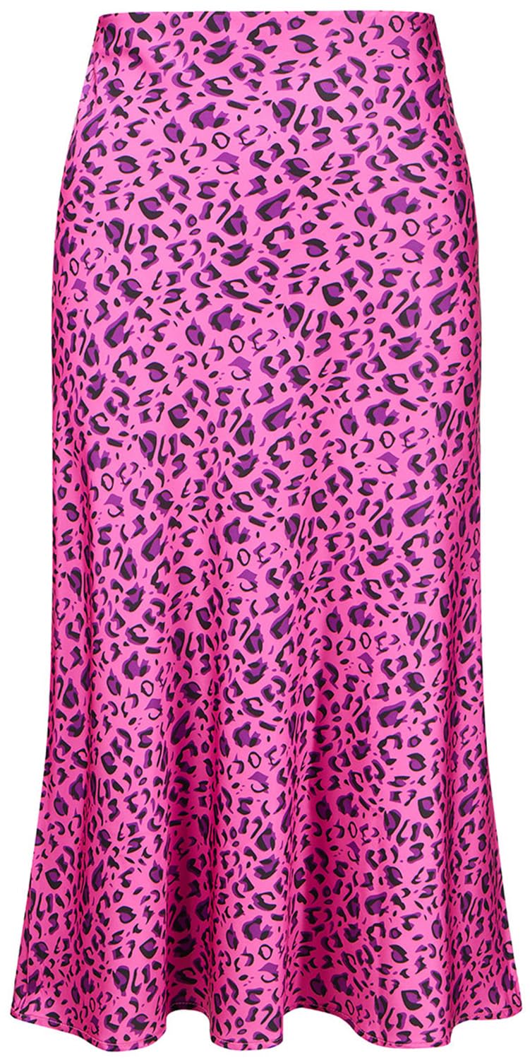 Keasmto Leopard Skirt for Women Midi Length High Waist Silk Satin Elasticized Cheetah A Line Summer Casual Ladies Skirts Rose L - Image 1