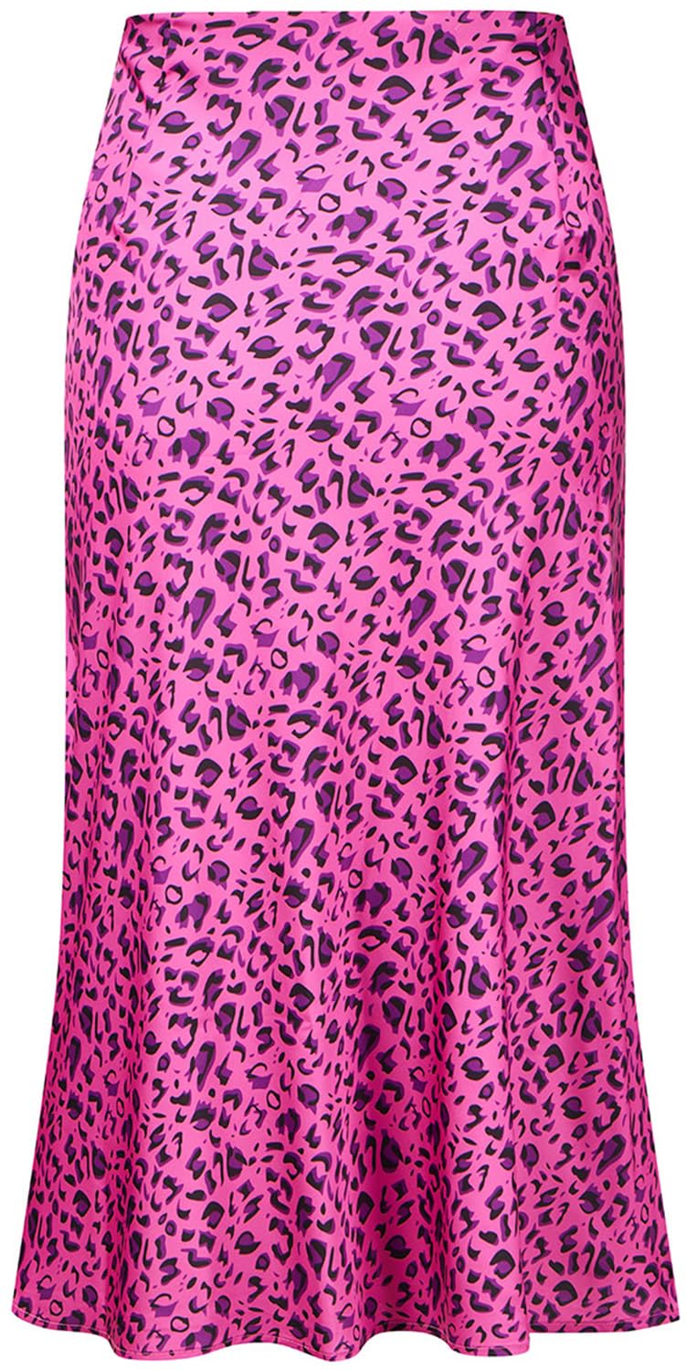 Keasmto Leopard Skirt for Women Midi Length High Waist Silk Satin Elasticized Cheetah A Line Summer Casual Ladies Skirts Rose L - Image 4