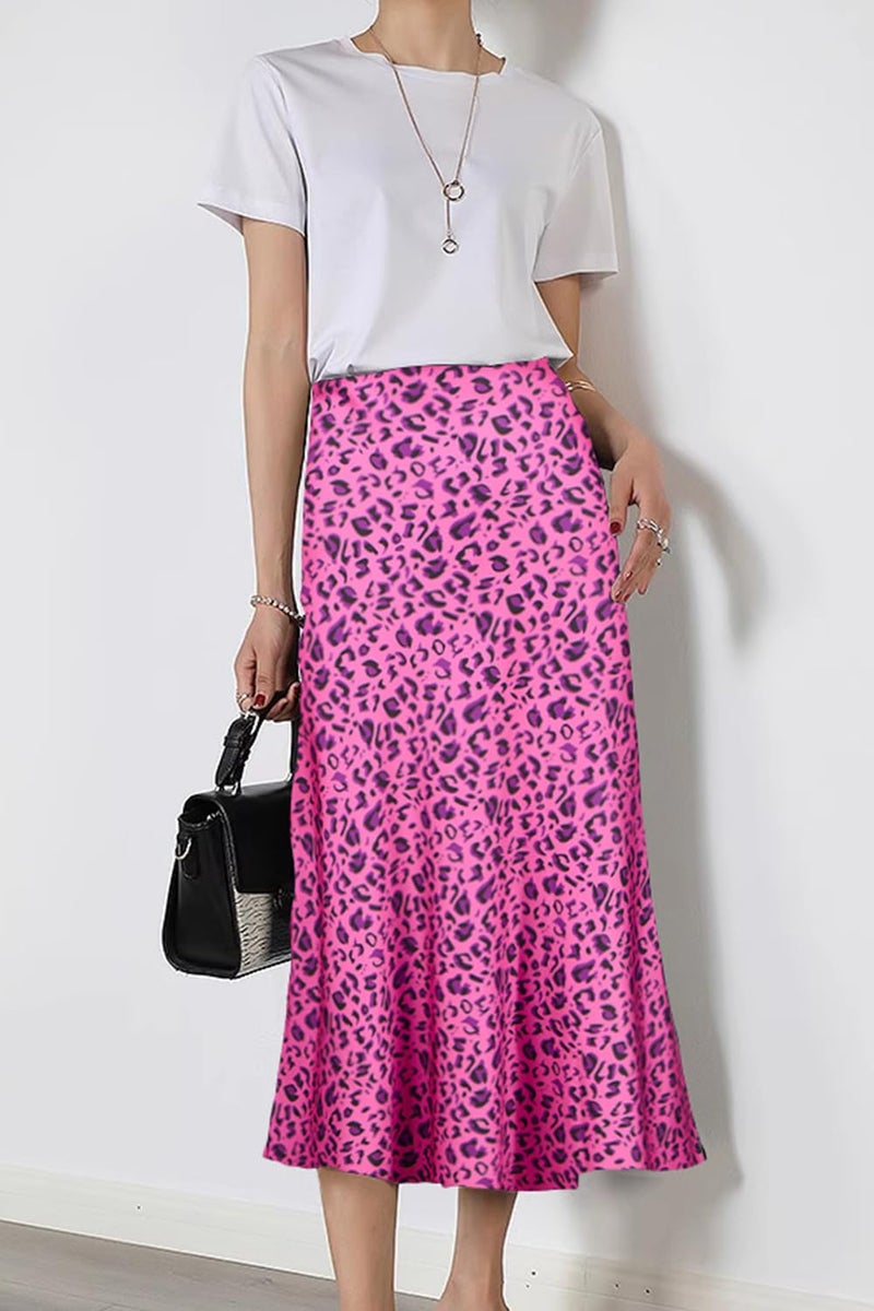 Keasmto Leopard Skirt for Women Midi Length High Waist Silk Satin Elasticized Cheetah A Line Summer Casual Ladies Skirts Rose L - Image 2