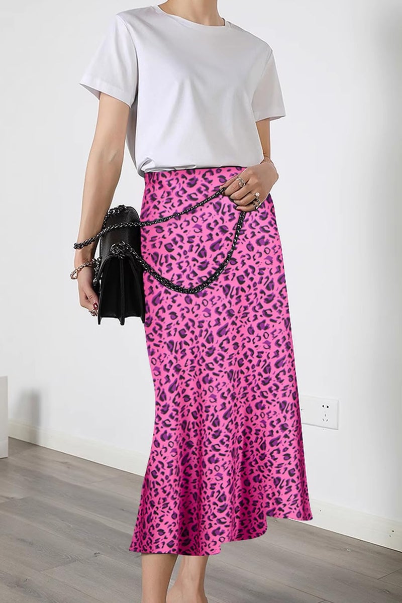 Keasmto Leopard Skirt for Women Midi Length High Waist Silk Satin Elasticized Cheetah A Line Summer Casual Ladies Skirts Rose L - Image 3