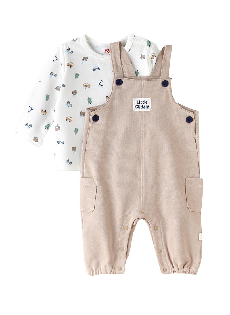 Elegant Kids Baby Boy Beige 'Little Cuddle' Overalls and Printed Long-Sleeve Set  - Image 1
