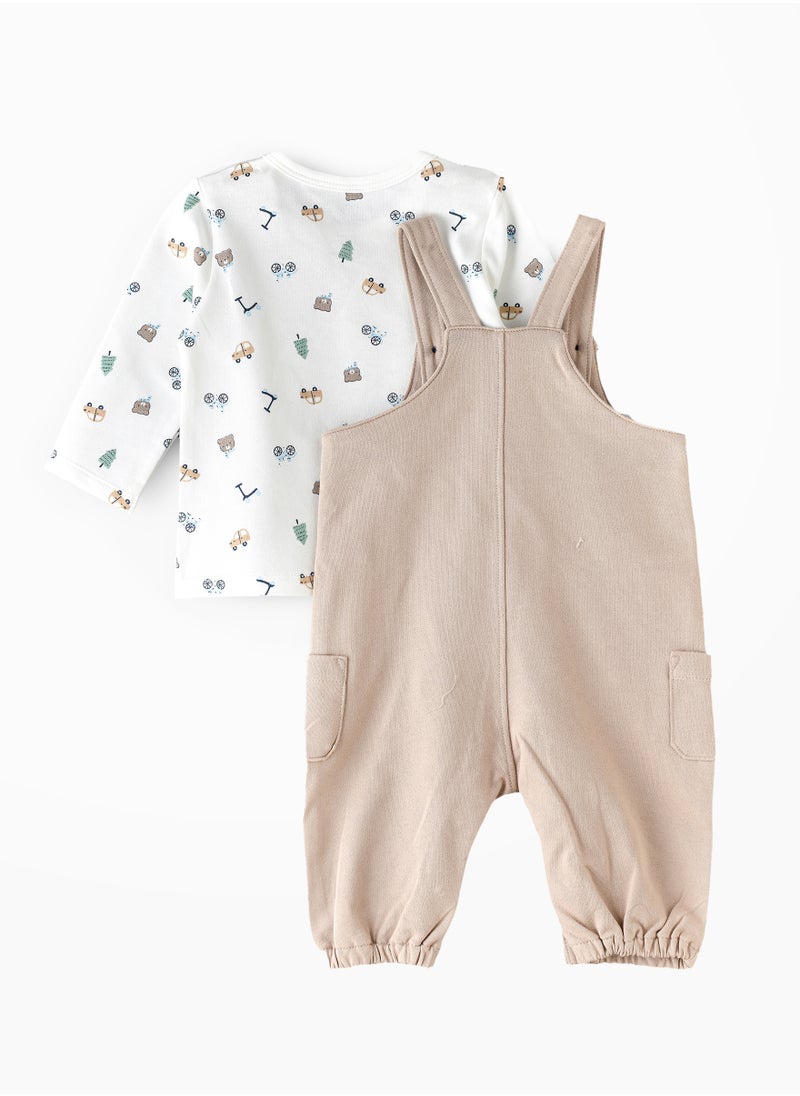 Elegant Kids Baby Boy Beige 'Little Cuddle' Overalls and Printed Long-Sleeve Set  - Image 2