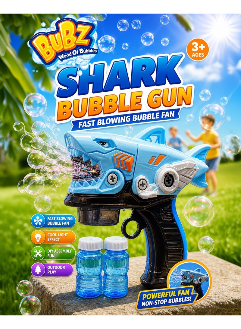 BUBZ Shark Bubble Gun Electric Toy for Kids Automatic Bubble Blower Fast Blowing Bubble Fan DIY Disassembly Learning Playset with Light Effect Outdoor Summer Bubble Machine Toy with 2 Bubble Solution Bottles for Boys Girls Age 3+ Gift Toy - Image 1