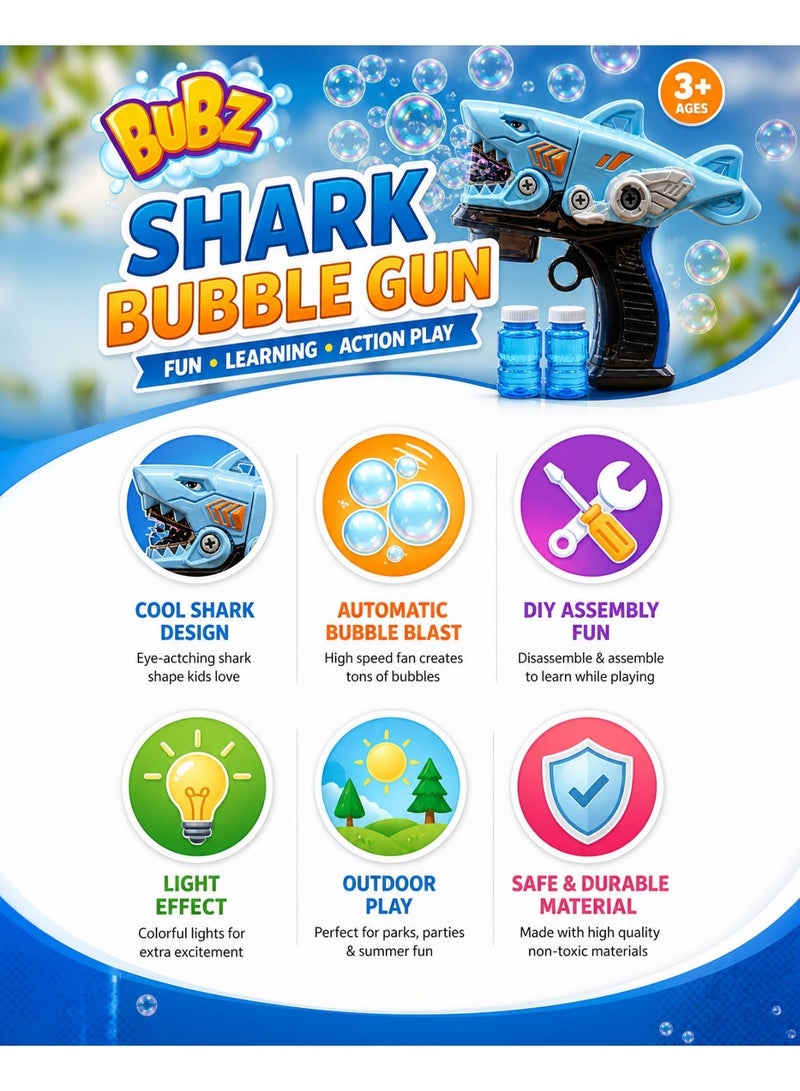 BUBZ Shark Bubble Gun Electric Toy for Kids Automatic Bubble Blower Fast Blowing Bubble Fan DIY Disassembly Learning Playset with Light Effect Outdoor Summer Bubble Machine Toy with 2 Bubble Solution Bottles for Boys Girls Age 3+ Gift Toy - Image 2