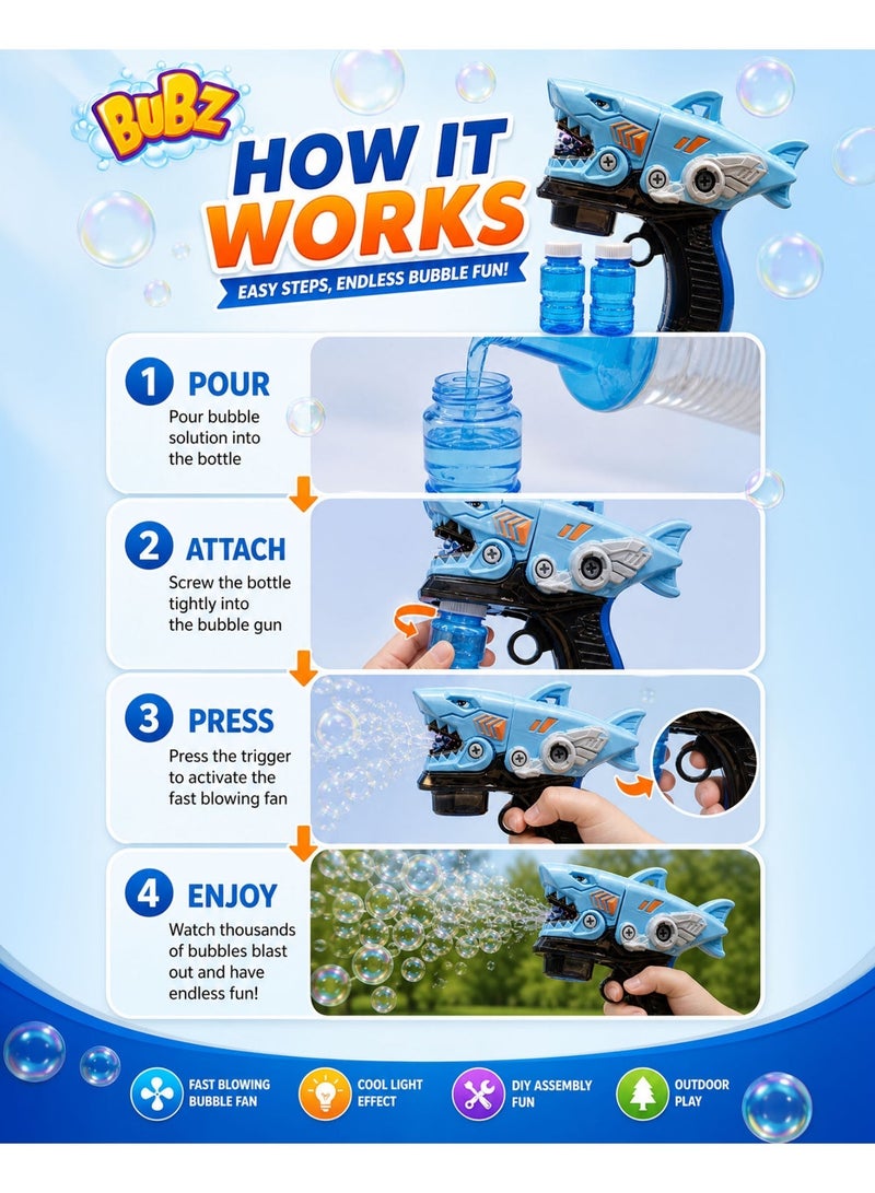 BUBZ Shark Bubble Gun Electric Toy for Kids Automatic Bubble Blower Fast Blowing Bubble Fan DIY Disassembly Learning Playset with Light Effect Outdoor Summer Bubble Machine Toy with 2 Bubble Solution Bottles for Boys Girls Age 3+ Gift Toy - Image 3