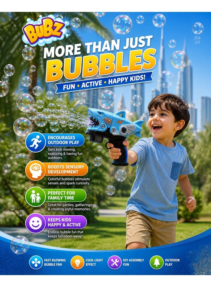 BUBZ Shark Bubble Gun Electric Toy for Kids Automatic Bubble Blower Fast Blowing Bubble Fan DIY Disassembly Learning Playset with Light Effect Outdoor Summer Bubble Machine Toy with 2 Bubble Solution Bottles for Boys Girls Age 3+ Gift Toy - Image 4
