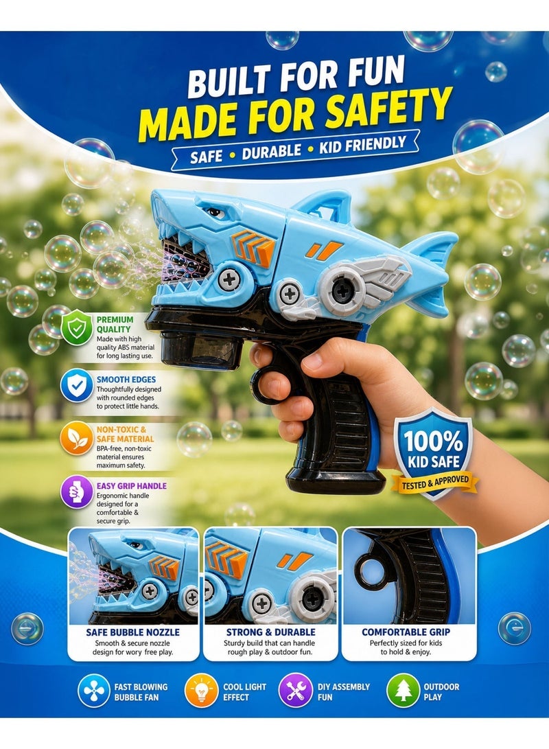 BUBZ Shark Bubble Gun Electric Toy for Kids Automatic Bubble Blower Fast Blowing Bubble Fan DIY Disassembly Learning Playset with Light Effect Outdoor Summer Bubble Machine Toy with 2 Bubble Solution Bottles for Boys Girls Age 3+ Gift Toy - Image 5