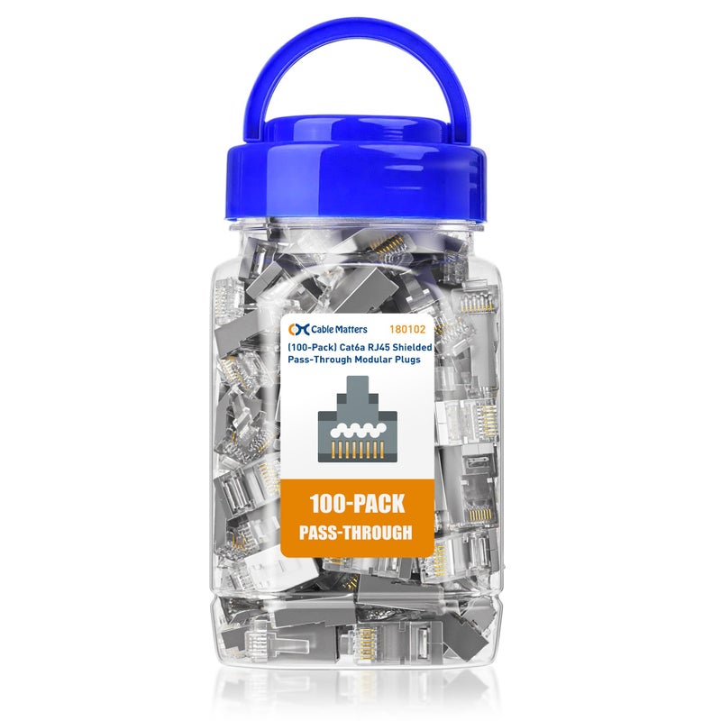 Cable Matters 100-Pack Cat 6A Shielded Pass Through RJ45 Connectors, 50Âµ Gold Plated, Max. Wire OD 1.19mm (Cat6A Ends/Shielded RJ45 Connector/Ethernet Ends) for Solid or Stranded S/FTP Cable - Image 1