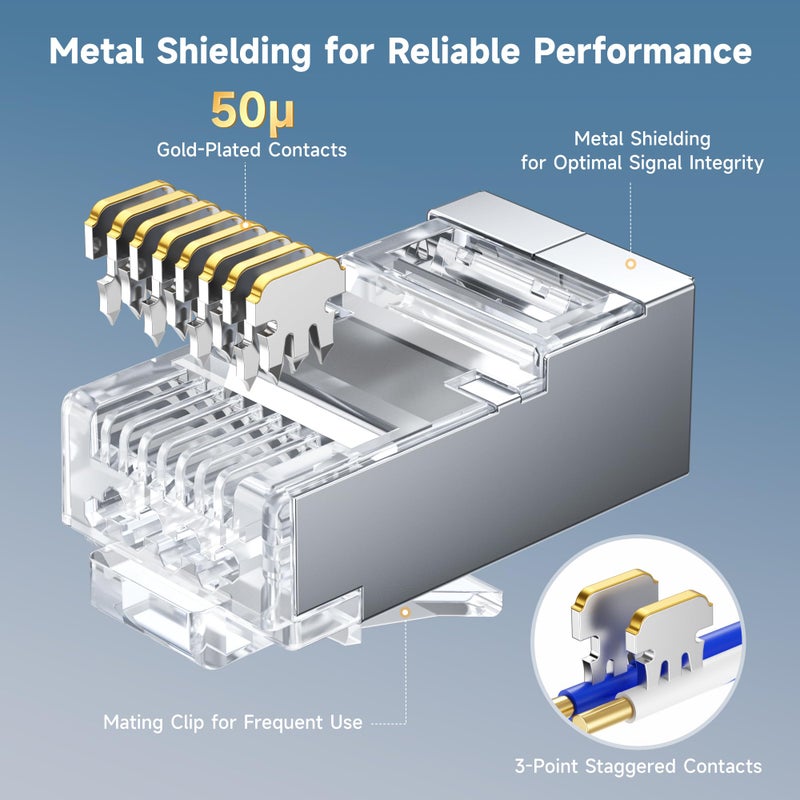 Cable Matters 100-Pack Cat 6A Shielded Pass Through RJ45 Connectors, 50Âµ Gold Plated, Max. Wire OD 1.19mm (Cat6A Ends/Shielded RJ45 Connector/Ethernet Ends) for Solid or Stranded S/FTP Cable - Image 4
