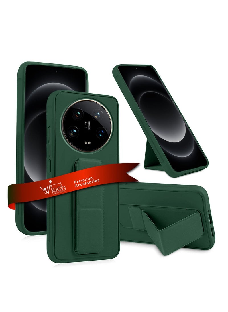 Wtech Xiaomi 14 Ultra 5G 2024 Hand Grip Foldable Magnetic Kickstand Wrist Strap Finger Grip With Built-In Iron Case Cover Dark Green - Image 1