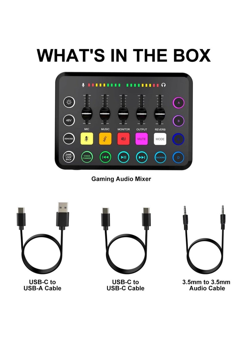 Gaming Audio Mixer, Streaming RGB PC Mixer with XLR Microphone Interface, Individual Control Volume Fader/Mute Button/48V Phantom Power for Podcast/Recording/Vocal/Game Voice, PC, Guitar, F11